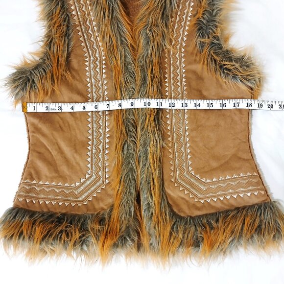 Vintage Alibi Embroidered Suede & Fur Aztec Print Waistcoat Vest Jacket Size 13 - Picture 9 of 10